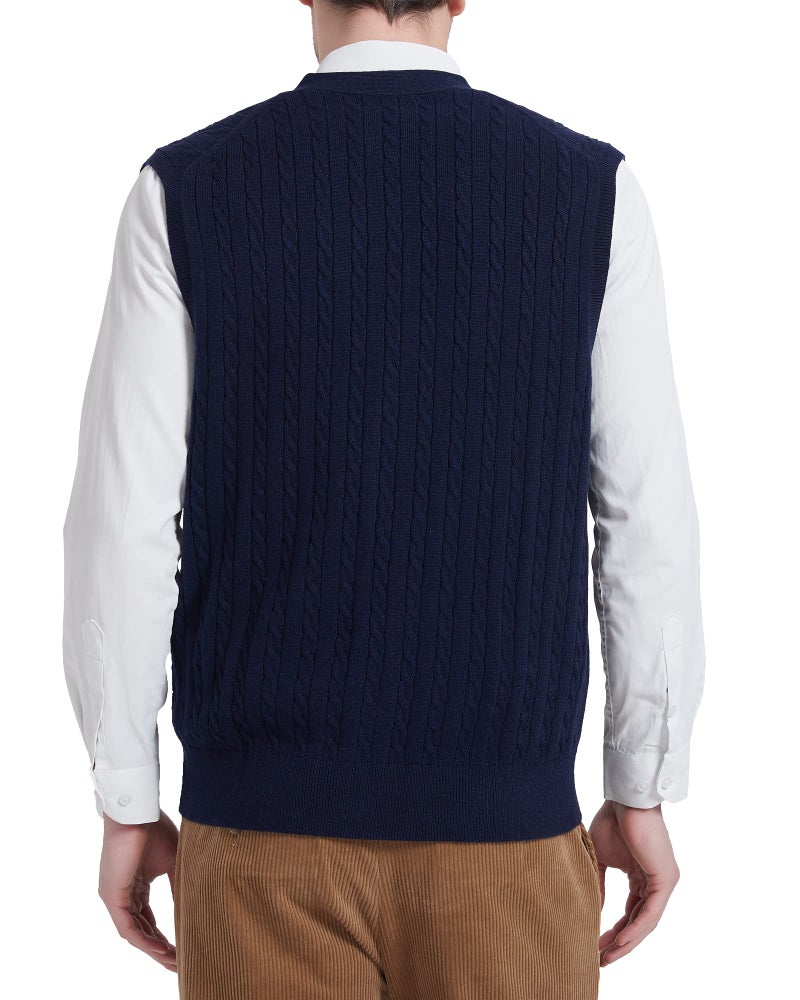Kallspin Men's Cable Knit Sweater Vest Wool Blend V Neck Button Down Sleeveless Cardigan Vest(Navy Blue, 2X-Large) - Image 3